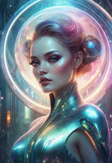 Ethereal and mesmerizing image capturing the essence of Anna Dittmann's aesthetic, displaying an alluring woman adorned in futuristic attire amidst a backdrop of high-tech machines emitting radiant, multicolored ball lights that illuminate her face with striking rim light effects.