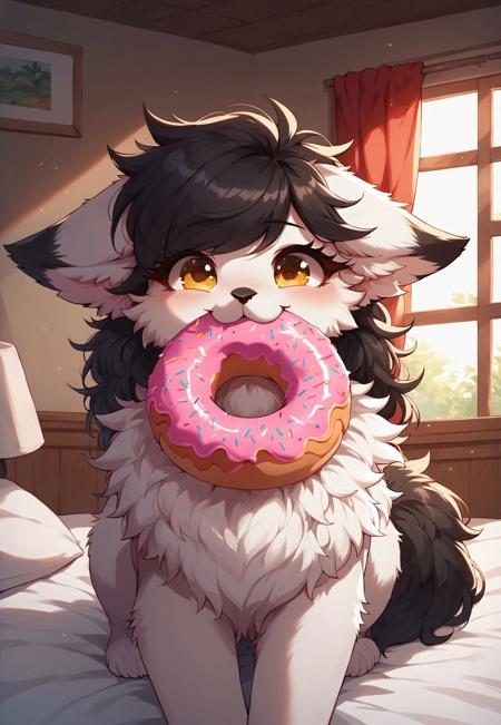 masterpiece, score_9_up, score_8_up, score_7_up, score_6_up, source_furry, (best quality:1.1), ultra-detailed, high resolution, highly detailed macro illustration BREAK 1girl, Zoya, feral, caninne, (white fur), (white fluff ears:1.1), black ear tips, fluffy tail, black hair, bangs, (beautiful yellow eyes), long eyelashes, black animal nose, (happy expression, cute face:1.2), :3, (donut in the mouth:1.3) BREAK inside, on the bed, bedroom, morning, window, forest outside the window, light of the morning sun BREAK sharp focus, perfect lighting, anatomically correct, extremely detailed, tranquil setting, high detail, Expressiveh, detailed background, OverallDetail, zPDXL3
