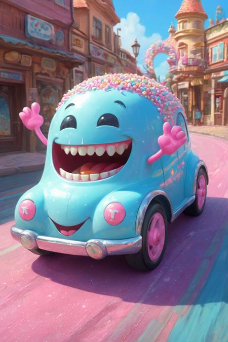 A friendly tooth-shaped car with sparkly wheels and a big smiling face, painted in baby blue and pink, driving down a candy-colored road.
<lora:teef:0.8> made_from_teef