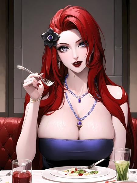 1girl, knife, red hair, fork, long hair, solo, holding knife, jewelry, dress, necklace, cleavage, hair ornament, flower, holding fork, holding, pearl necklace, looking at viewer, food, table, large breasts, red nails, gem, hair flower, purple dress, grey eyes, cup, indoors, upper body, earrings, black flower, drinking glass,shiny skin, large breasts,caberuel,(mature female:1.16),<lora:caberuel-v1-lora-any-5ep-resize:0.7>