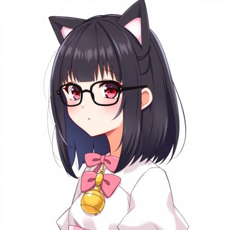 Black hair,  short woman, fringe hairstyle, bob hairstyle, anime, black glasses, pink bow, cat ears, yellow bell necklace with pink ribbon,  white dress, pink dress, short skirt, flared skirt