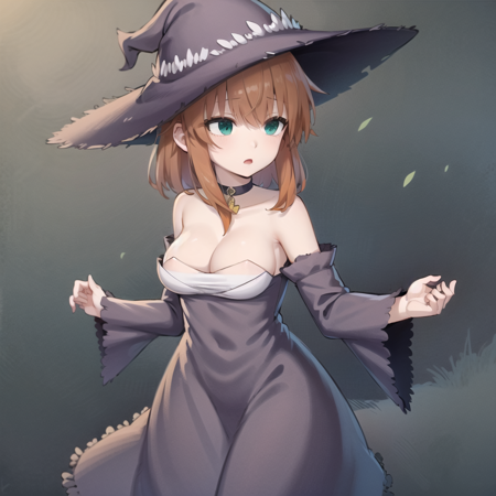 Dorothy an anime girl in purple dress, dressed like a witch, 1girl, solo, breasts, hat, witch hat, dress, cleavage, detached sleeves, bare shoulders, purple dress, medium breasts, green eyes, orange hair, strapless, strapless dress, outdoors, nature background, Dorothy,