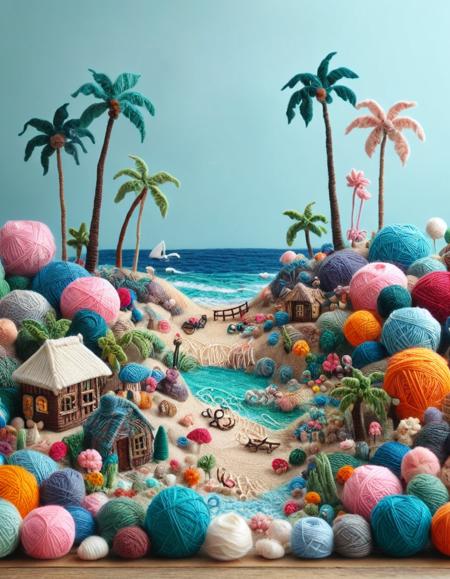beach with palm trees, made of yarn. yrnwrld <lora:Yarnworld:1>