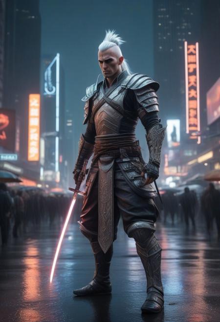 Muscular High Elf street samurai with silver hair in a mohawk, cybernetic arm unsheathing a glowing energy katana, standing on a rain-slicked neon-lit street, towering skyscrapers with animated billboards in the background, flying drones and bustling crowds of diverse species
FastNegativeV2