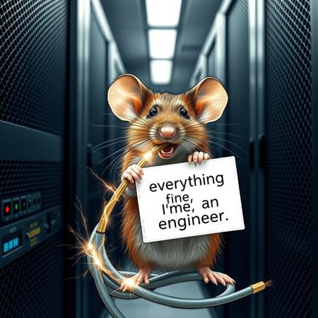 photo of a mouse gnawing on a sparking cable in a server room, holding a sign that says "everything is fine, I'm an engineer"