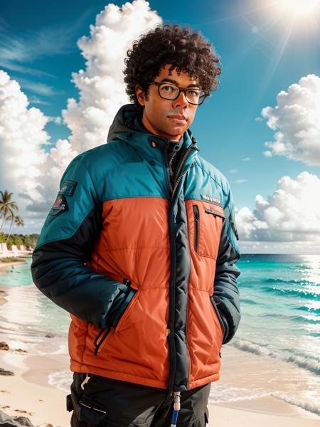 Richard Ayoade wearing ski clothes on a sunny beach of a tropical island, hyperrealism, highly detailed background, 8k uhd, dslr, soft lighting, high quality, film grain, Fujifilm XT3, HD, Sharp <lora:Richard-Ayoade-v10:0.7>