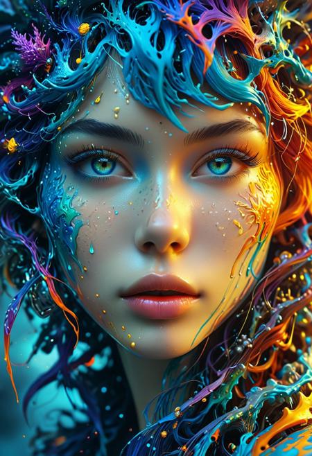 Most extravagant Rococo. Astral Escape! This captivating splash art features a Vietnamese character with vibrant, colorful hair, inspired by StarCraft and exhibiting an epic, ArtStation-worthy style. The artwork showcases a splash of colorful paint, contour lines, and hyper-detailed, intricately designed elements, creating a fantastical and unreal world. The design is intended for a 16k resolution, serving as a DeviantArt masterpiece that combines elements of oil painting, watercolor, and thick strokes with paint dripping.
The composition features neon ambiance, muted colors, and a watercolor-style atmospheric quality. The subject's face is depicted with sharp features and striking eyes, complemented by perfect, full lips. The female form is supple and vivid, while dynamic studio lighting and a tilt-shift camera create a cinematic, Film light effect. The artwork is hyper-realistic and highly detailed, with sharp focus and a perfect composition.
Inspired by the works of Glenn Brown, Carne Griffiths, Alex Ross, Artgerm, and James Jean, this masterpiece incorporates elements of wlop, rim lighting, magic, surrealism, and ultra-realism. The spotlight highlights the character, further emphasizing the intricate details and immersing the viewer into this fantastical world.