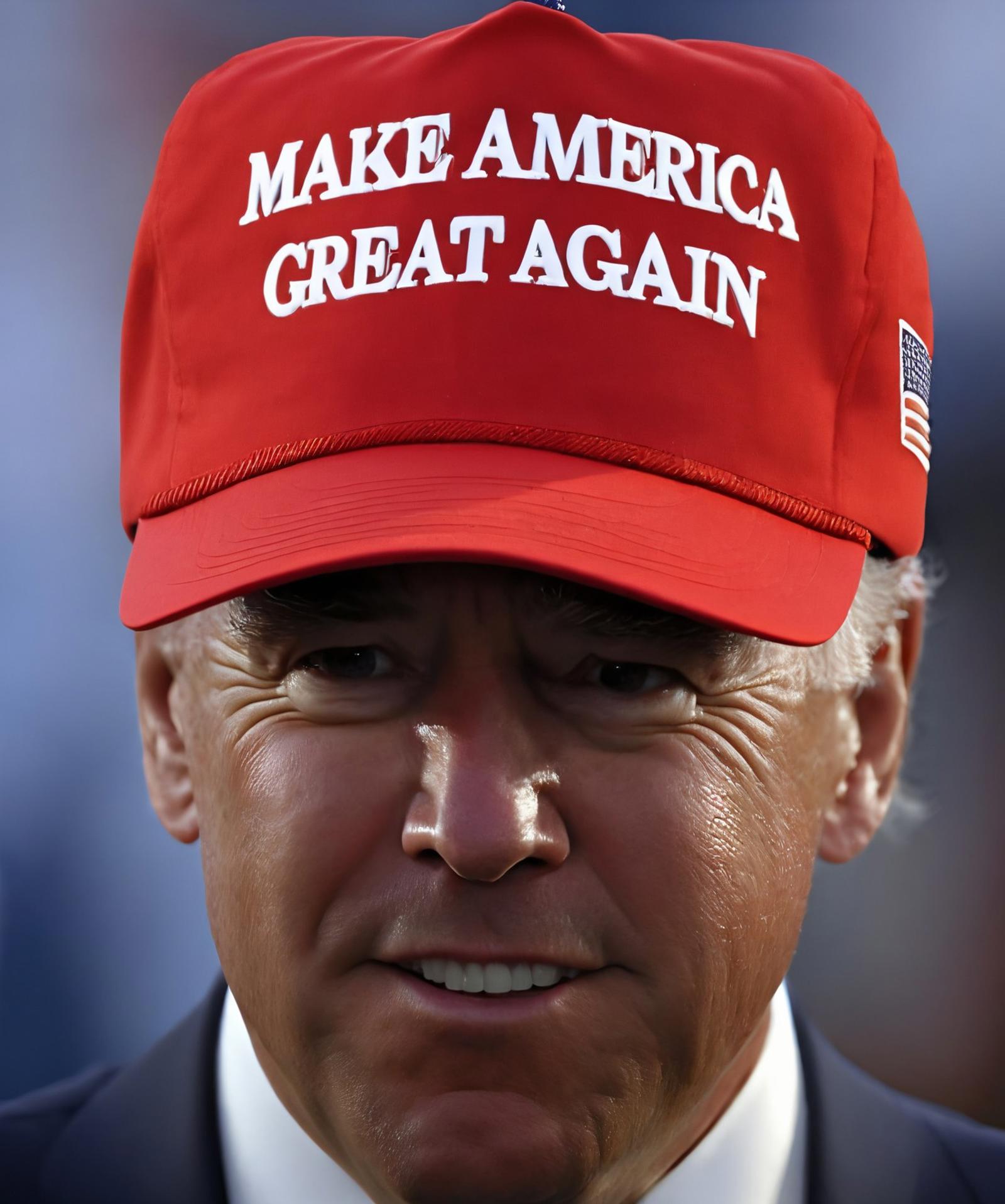 man wearing red maga hat, centered,  joe biden, looking at viewer, closeup, text "make america great again",
epic,
 highre...