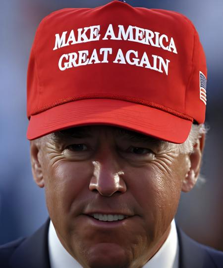 man wearing red maga hat, centered,  joe biden, looking at viewer, closeup, text "make america great again",
epic,
 highres, detailed, realistic, hat focus,
best quality, masterpiece,  <lora:maga_hat_1-000140:1>