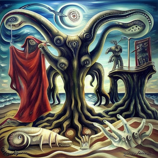 painting  outdoors, sky, cloud, water, tree, blood, ocean, beach, scenery, tentacles, monster, horror (theme), 6+others, eldritch abomination forner <lora:last:1>