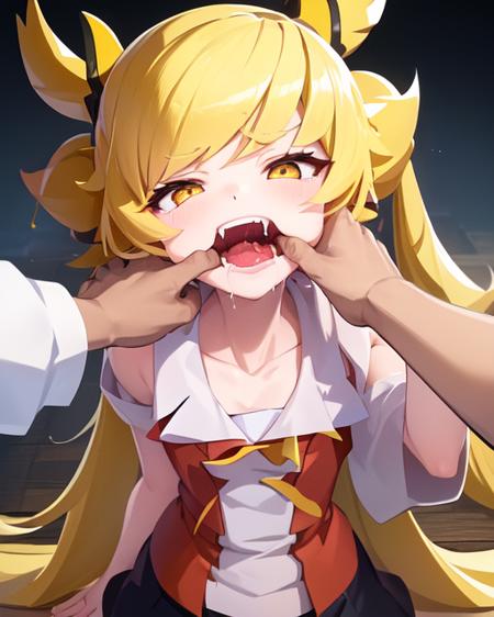 <lora:FangInspectionDayV2:1>(fiday:1.0)
(1girl), (finger in another's mouth:1.4),  pov, pov hands, open mouth, drool,
(monogatari \(series\):1.2) (oshino shinobu:1.2)(pointy ears:0.5)(yellow eyes:1.0)(blonde hair:1.0)(very long hair:1.2)(blush stickers:1.0)(fang:0.5)