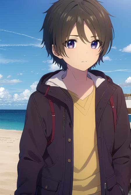 tsumugu kihara, black hair, male focus, (black eyes:1.3), shirt, jacket, open clothes, hood, coat, hoodie, casual, red shirt,