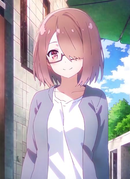 masterpiece, best quality, high quality, 1girl, solo,  <lora:hoshino_miyako-v2:1>, hoshino_miyako, 1girl, anime screencap, solo, red eyes, short hair, red hair, hair over one eye, glasses, smile, t-shirt, looking at viewer, blush, outdoors, white shirt, upper body, collarbone, breasts, open jacket, blue cardigan