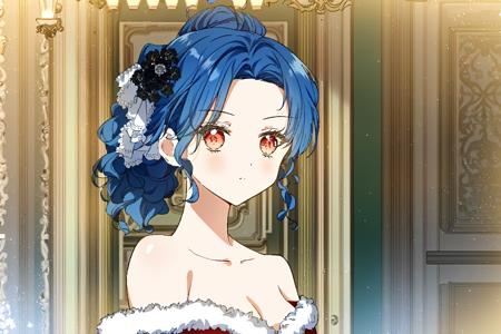 1girl, looking at viewer, off shoulder, fur trim, from side, (from above:0.9), indoors, flower, sunlight, impossible clothes, bare shoulders, cleavage, medium breasts, blue hair, red eyes, curly hair, hairclip, hair ornament, x hair ornament, ponytail, upper body,
i shall master this family style,
masterpiece, best quality, 
<lora:i_shall_master_this_family_lycoris-000004:1>