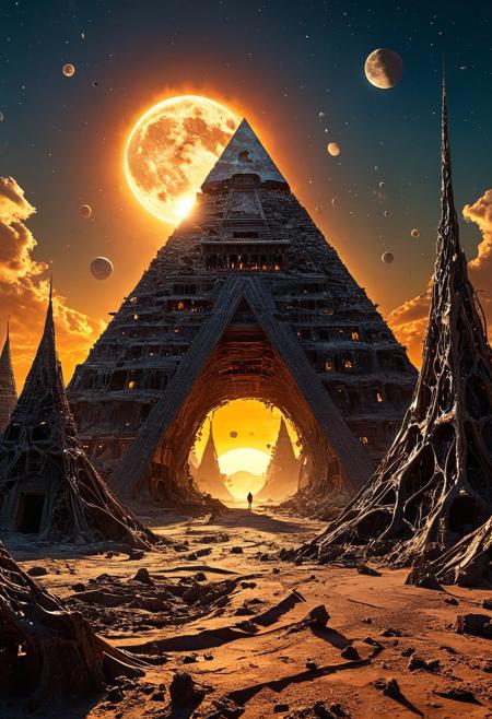 (masterpiece), An abandoned pyramid city floating in the void of space, constructed from a fusion of organic and metallic structures. Each building appears alive, with pulsating roots that throb like massive veins. In the sky, a warped moon made of eyes and mouths watches the scene eerily. The shadows cast by the light of a dying sun seem to move independently from the figures that create them (8k uhd:1,4),, inspired in cosmic horror, (epic composition, epic proportion), intricate, professional work, soft shadow, volumetric lighting, ((dynamic Image))