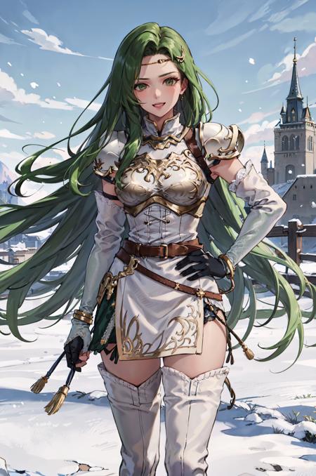 Dancing with one hand on the hip,facing at viewer,upper body,happy,<lora:annandV1-000016:0.8>,annand, circlet,armor, white short dress, zettai ryouiki, thigh boots, breastplate,belt, shoulder armor, white footwear, elbow gloves, jewelry, bracelet, sleeveless, detached sleeves, fur trim, long sleeves, white thighhighs,high heels, gold trim, thighs, sleeveless dress, snowing,snow mountain,castle,outdoors,(masterpiece, best quality, ultra-detailed, best shadow)