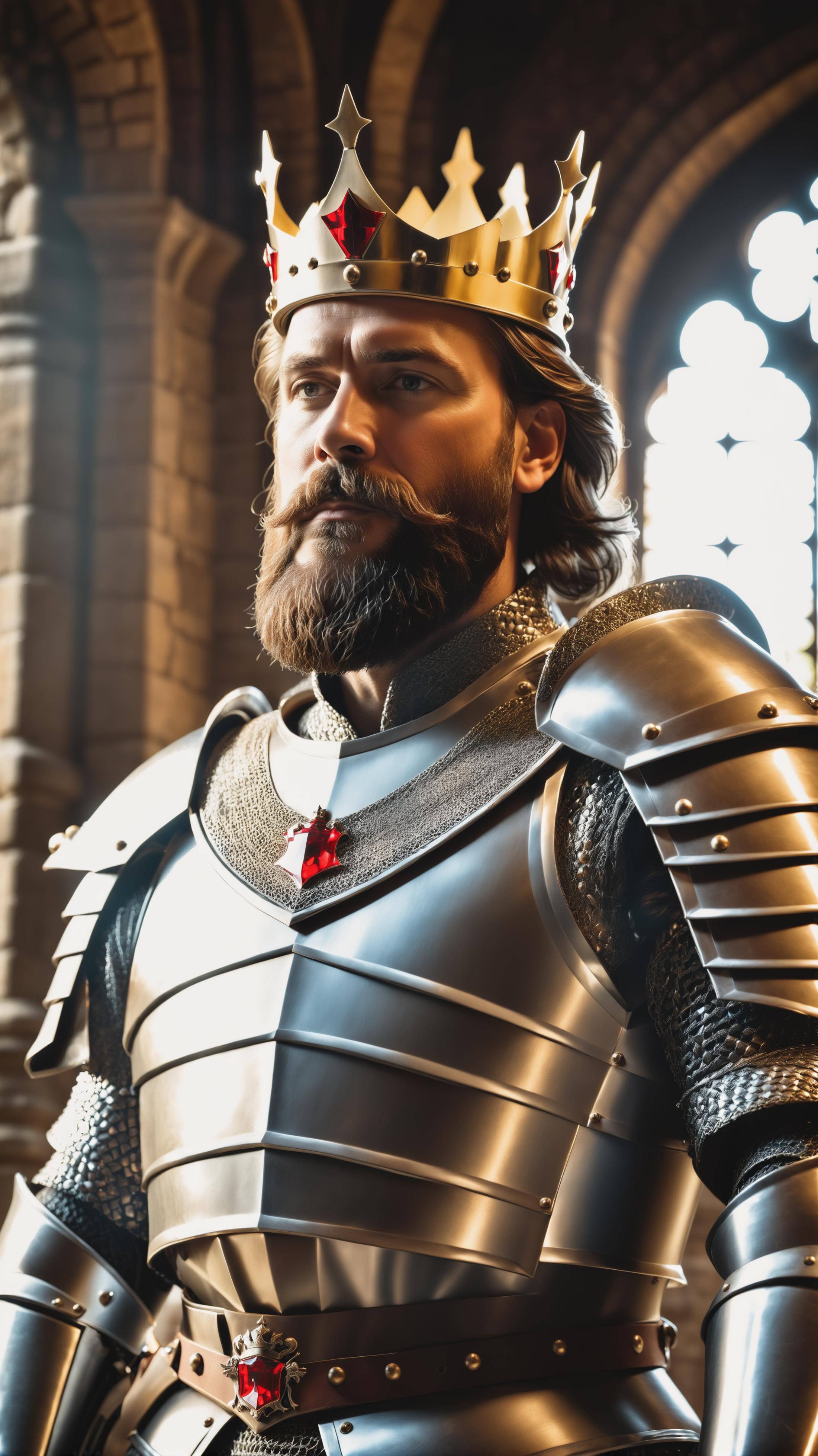 Man wearing a suit of armor with a beard and mustache.
