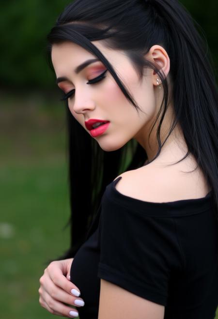 black hair, small breasts, bent over, outdoors, shirt, closed eyes, nail polish, ponytail
all fours, blurry,makeup,piercing,teeth,looking back,mole on ass, back,open mouth,