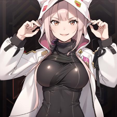 <lora:ukm-2000:1>, UKM 2000, girls' frontline, animal hood, simple background, white open jacket, turtleneck, large breasts, smile, pink hair, 1girl, solo, masterpiece, best quality,