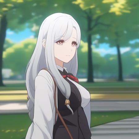 front view, a cute girl in a park, long hair, white hair,  ambient light, (detailed face, detailed body: 1.4), detailed anime style <lora:Shenhe(Genshin_Impact):0.5>