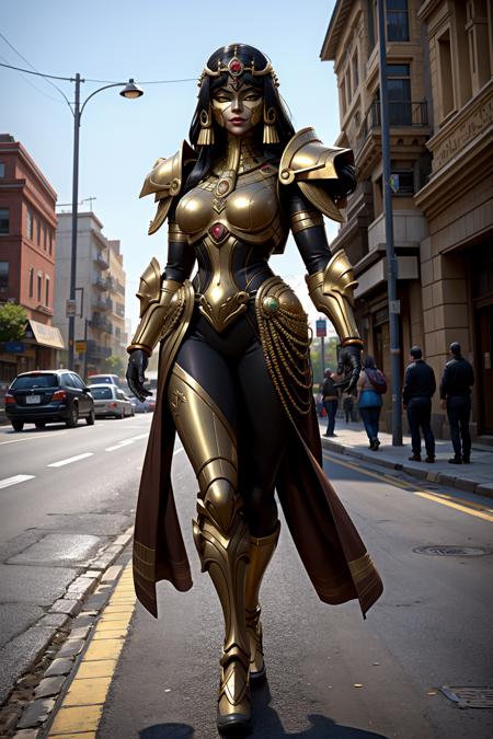 1kaijin, (full_body:1.2), solo, outdoors, street, city, cars, people, dynamic pose
1girl, egyptian, golden  mask,  parted_lips,  black hair, armor,  breasts, gold armor, standing, long hair,
(masterpiece,  best_quality:1.3), (realistic:1.3), photorealistic,
<lora:kaijin_v5-000018:0.8>
<lora:stylized_3dcg_v4-epoch-000012:0.4> ,