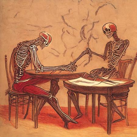 (deathdance style:1) a drawing of a man sitting at a table next to a skeleton <lora:djzDeathDanceV21_LoraBooth:1>