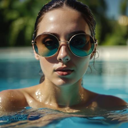 photograph close up portrait of a woman with sunglasses bathes in swimming pool, cinematic 4k epic detailed 4k epic detailed photograph shot on kodak detailed bokeh cinematic hbo dark moody