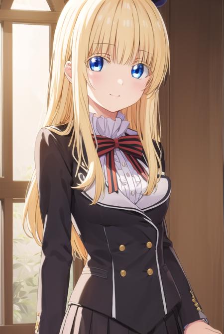 julietpersia, <lora:juliet persia s1-lora-nochekaiser:1>,
juliet persia, long hair, bangs, blue eyes, blonde hair, black ribbon, black bow, hair ribbon, hair bow, smile,
BREAK skirt, shirt, thighhighs, long sleeves, school uniform, jacket, white shirt, pleated skirt, shoes, striped, miniskirt, bowtie, black skirt, red bow, zettai ryouiki, black ribbon, garter straps, blazer, (white jacket:1.5), striped bow, striped bowtie,
BREAK indoors, classroom,
BREAK looking at viewer, (cowboy shot:1.5),
BREAK <lyco:GoodHands-beta2:1>, (masterpiece:1.2), best quality, high resolution, unity 8k wallpaper, (illustration:0.8), (beautiful detailed eyes:1.6), extremely detailed face, perfect lighting, extremely detailed CG, (perfect hands, perfect anatomy),