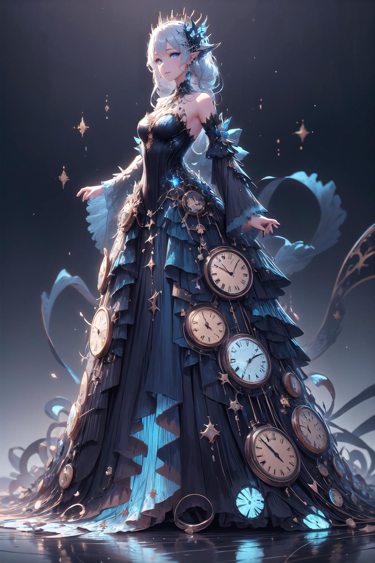 Blue Dress with Clocks and Stars - Fantasy Dress Design