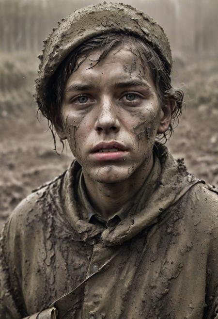 ww2 cinematic opening still, war photography, urban warfare, ww2 europe, performance focused cinematography, portrait of a young scarred soldier in oversized clothes, movie poster, sad, mud covered face, [wet ground], ral-dissolve