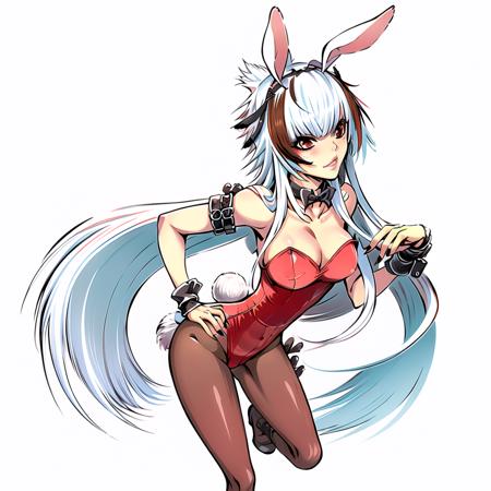 1girl, animal_ears, bare_shoulders, bow, bowtie, breasts, cleavage, detached_collar, fake_animal_ears, fingernails, , hand_on_hip, leotard, lips, long_fingernails, long_hair, nail_art, nail_polish, pantyhose, playboy_bunny,  rabbit_ears, rabbit_tail, red_bow, red_eyes, red_leotard, robin_\(fire_emblem\), robin_\(fire_emblem\)_\(female\), simple_background, solo, wrist_cuffs,laguh,full_body
, <lora:aki-000016:1>