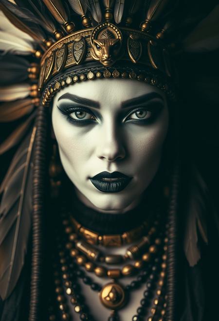close up shot, front view of a Beautiful african warrior queen, tribal armour,feathers, tribal necklaces, white skin, black makeup, sensual, erotic, sensual lips, flirty look on face, black clothes, Low saturation color photography, vintage, grunge, top light, masterful piece in the style of Oleg Dou photography, black background