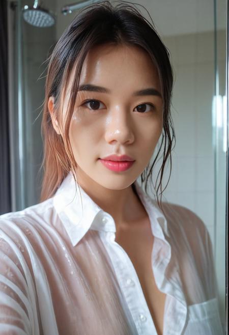 NSFW, Mirror selfie , slight smile , detailed skin face and eyes , showering, natural lighting , at home , see through loose wet shirt, cleavage, natural face, sexy, nipples visible under shirt, water,1girl,