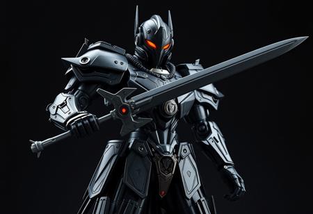 Create a high-definition image of a robot on a Black Luster Ritual, wearing heavy black obsidian armor inspired by Charles Fremont Conner. The robot holds a black sword and possesses cryokinesis. The image should be symmetrical, with micro details and lifelike features. The style should be reminiscent of IDW MTMTE TFWiki and Transparent Labs. The output should be a high-quality image suitable for an official details photo, similar to those found on ArtStation or eBay listing thumbnails.