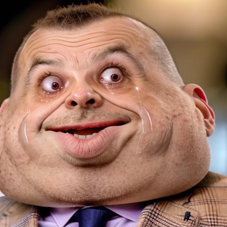 RAW photo, huge chins, small eyes , solo, upper body of a emmuanuel macron in f0r3v3r face, ((tears, wearing suit))<lora:f0r3v3r-v2-000055:0.8>, 8k uhd, dslr, high quality, film grain, Fujifilm XT3, simple background