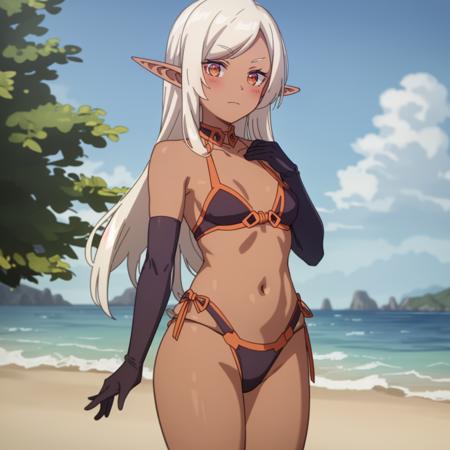 best quality, 4k, ((masterpiece)), extremely detailed, 8k, trending on ArtStation, Intricate, High Detail, Sharp focus, beach, sand, sea, crabs, anime coloring,
 <lora:chara_IsekaiNonbiriNouka_Yu_v1:0.8>, standing, (from front:1.2), looking at viewer, nsfw, (small breasts:1.2), skindentation, slight smile, bikini,
yu, 1girl, pointy ears, dark-skinned female, long hair, dark skin, elf, blonde hair, dark elf, looking at viewer, clothing cutout, blush, orange eyes, elbow gloves, collarbone (solo:1.2),