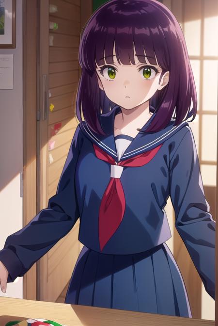 shinobumiyake, <lora:shinobu miyake s1-lora-nochekaiser:1>,
shinobu miyake, long hair, bangs, purple hair, (green eyes:1.5),
BREAK shirt, long sleeves, school uniform, serafuku, sailor collar, neckerchief, red neckerchief, shirt, blue shirt, blue sailor collar, blue skirt,
BREAK indoors, classroom,
BREAK looking at viewer, (cowboy shot:1.5),
BREAK <lyco:GoodHands-beta2:1>, (masterpiece:1.2), best quality, high resolution, unity 8k wallpaper, (illustration:0.8), (beautiful detailed eyes:1.6), extremely detailed face, perfect lighting, extremely detailed CG, (perfect hands, perfect anatomy),