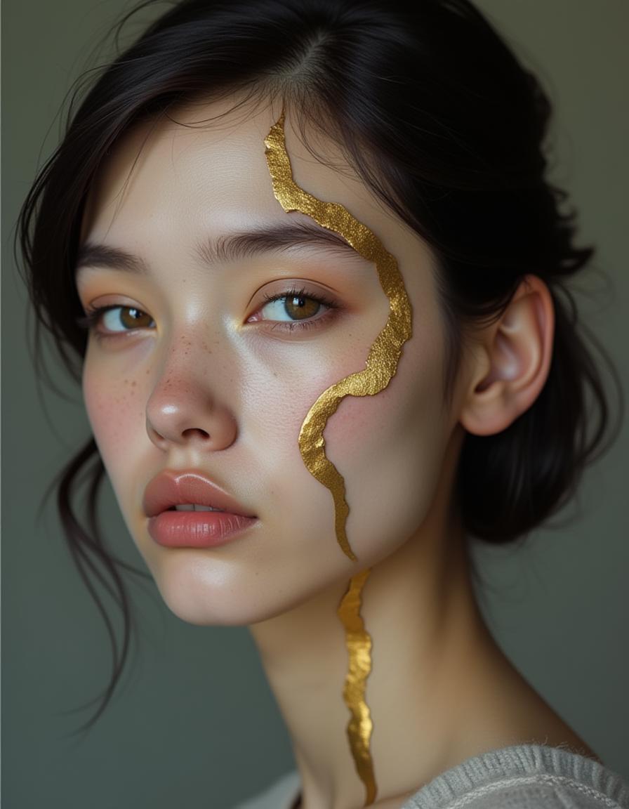 a 19 year old woman, she has an oval shaped face with a (smooth round chin:3.0), 
a jagged  narrow crack like broken crockery runs down her face, it has been filled with gold, it looks like a kinsugi repair