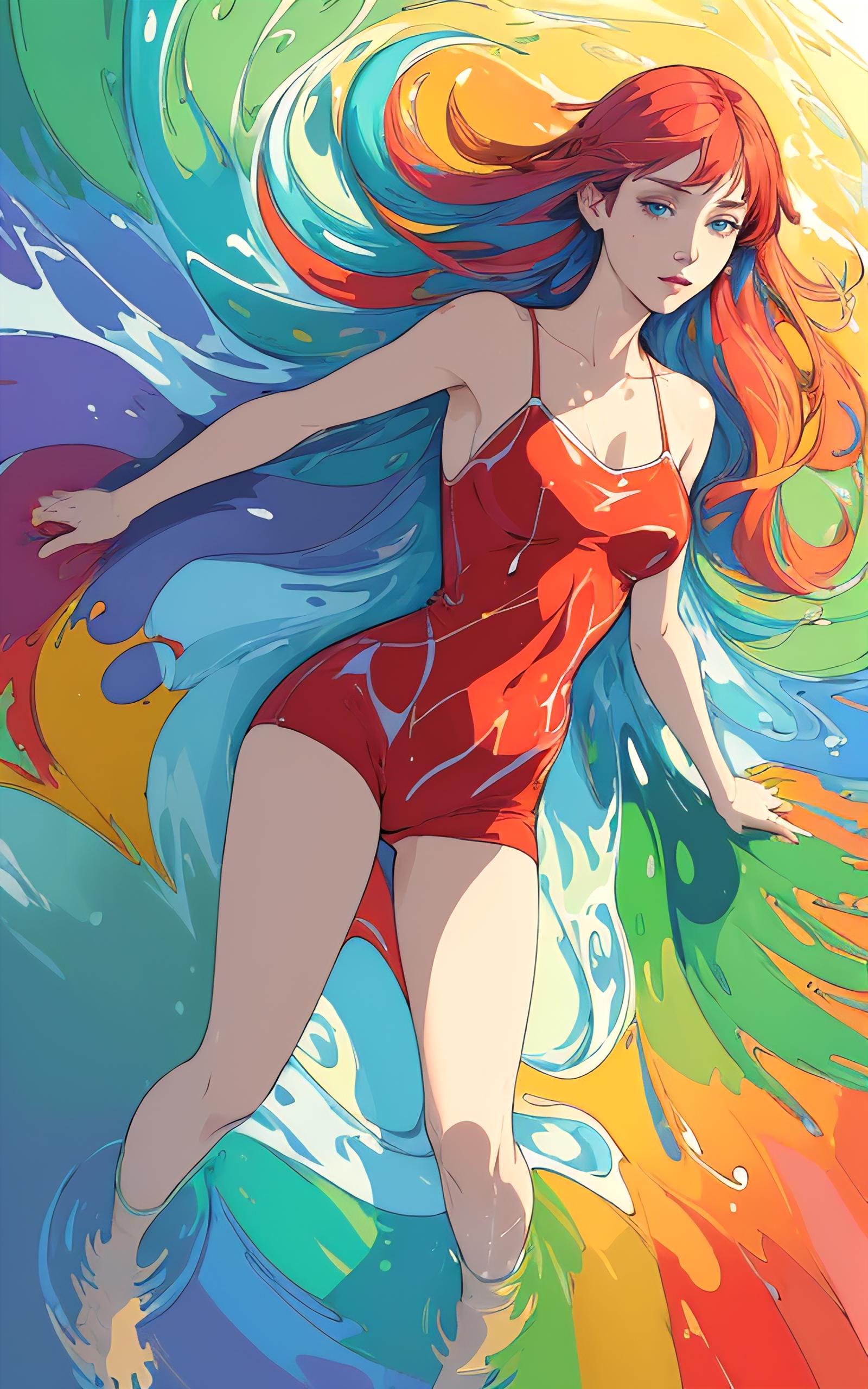 A woman in a red swimsuit laying on a colorful background.