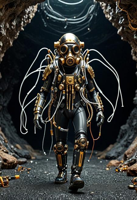 8k, Tilt shift photography style, mechanical jellyfish, walking, gas mask, squid gold part, Transistors shilver armor, shick shark arms, black face visor, mechanical back pack, shilver circuits, propeller on body, walking on the cave, simple dark background, minimalist, extremely detailed, qu4ntum