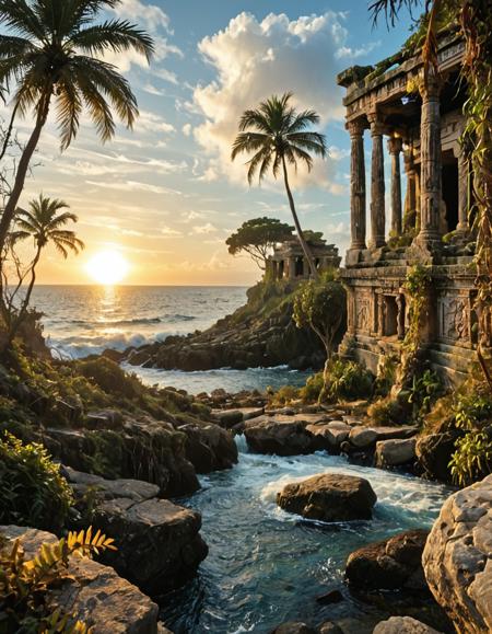<lora:MW_Roma02betaxl:1> Left foreground: tall tropical palm trees, partially silhouetted, swaying gently in the warm breeze, with dry leafy plants and sunlit underbrush near scattered coastal rocks.
Right foreground: an ancient stone temple ruin with ornate fluted columns, engraved friezes, and wide stone steps, partially overgrown with vines and small shrubs.
Midground (center-right): a lone leafy tree growing from a rocky rise beside the stream, its shadow cast toward the water.
Midground (center-left): choppy blue ocean waves crash against a line of jagged coastal rocks, with white foam illuminated by the sunset.
Background: a brilliant golden sun setting on the horizon, reflected on the waterâs surface, framed by scattered cottony clouds.
Atmosphere: romantic, and tranquil â a forgotten tropical sanctuary, blending ancient architecture with vibrant coastal wilderness, vibrant colors.