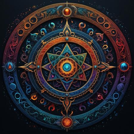 Finely detailed vector illustration. occult symbols, symbols of power, ultra realistic quality, circle symbols, dark gradient background, hyperdetailed, intricately detailed,  triadic colors,fantastical,intricate detail,splash screen,complementary colors, fantasy concept art, 8k resolution, masterpiece, oil painting, thick strokes, paint dripping, vapors, glow