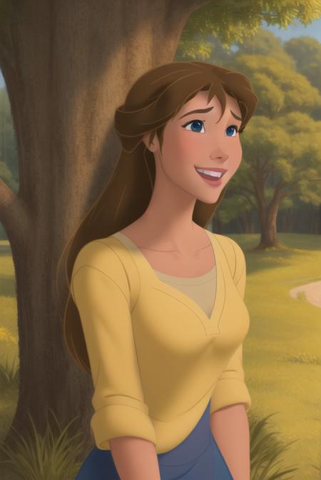 <lora:jane_porter:0.8>, jane porter, masterpiece, best quality, 1girl, solo, brown hair, smile, open mouth, long hair, blue eyes, tree, upper body, outdoors, yellow shirt, shirt, grass, collarbone,