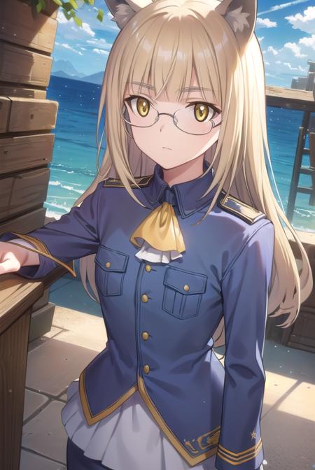 perrineclostermann, <lora:perrine clostermann anime-lora-nochekaiser:1>,
perrine clostermann, long hair, blonde hair, animal ears, (yellow eyes:1.5), glasses, dog ears,
BREAK uniform, military, military uniform, ascot, white ascot,
BREAK outdoors, ship, ocean, sun, sky, clouds,
BREAK looking at viewer, (cowboy shot:1.5),
BREAK <lyco:GoodHands-beta2:1>, (masterpiece:1.2), best quality, high resolution, unity 8k wallpaper, (illustration:0.8), (beautiful detailed eyes:1.6), extremely detailed face, perfect lighting, extremely detailed CG, (perfect hands, perfect anatomy),