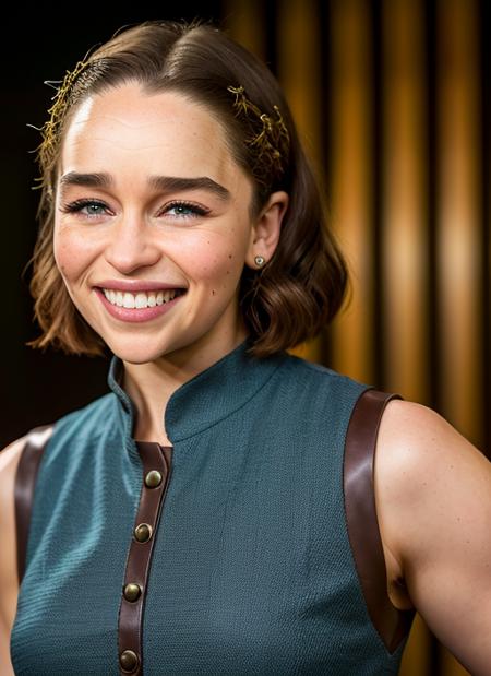 portrait of Emilia Clarke, smiling , wearing romper , with dark brown A-line haircut, background prison, epic (photo, studio lighting, hard light, sony a7, 50 mm, matte skin, pores, colors, hyperdetailed, hyperrealistic), <lyco:Emilia Clarke:1.1>