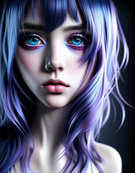 1girl, solo, a woman with makeup, kawaii, blue eyes, extremely detailed, looking at the camera, long hair, emo aesthetic, grunge aesthetic, incredibly detailed photorealistic, vibrant AGFA, cinematic, volumetric lighting, rim lighting