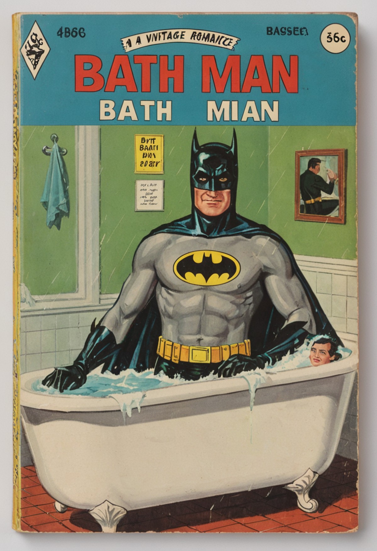 book cover of a vintage romance novel called "bath man" depicting (batman) in a bath tub
