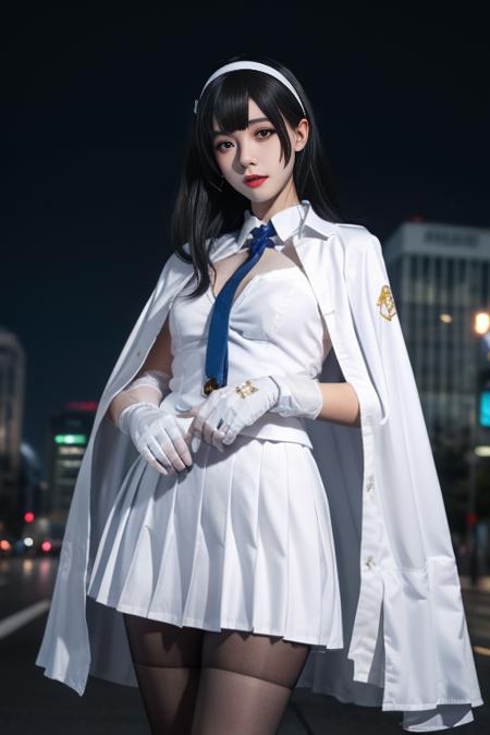 ultra-detailed,highly detailed,best quality,masterpiece,illustration,realistic,
type 95, 1girl, type 95 \(girls' frontline\), solo, 
long hair, hairband, black hair,  bangs, blunt bangs, 
shirt, white shirt, cape, white cape, skirt,pleated skirt, white skirt, gloves, white gloves,necktie,ribbon,  jacket, pantyhose, blue necktie, white hairband,
solo focus, looking at viewer, standing,
outdoors, nature, night,star \(sky\), night sky, 
 <lora:type_95_V1_04:0.7>