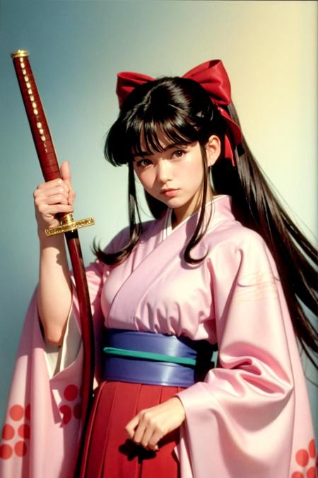 masterpiece, best quality,(1990s \(style\):1.2),Sakura Shinguuji (sakure wars), 1girl, weapon, solo, long hair, japanese clothes, bow, sword, black hair, brown eyes, hair bow, red bow, kimono, katana, pink kimono