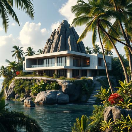 futuristic modern brutalist style house on the james bond island, exotic luxuriant vegetation around, tropical jungle, james bond island rock, photorealist, masterpiece, 4k, high details